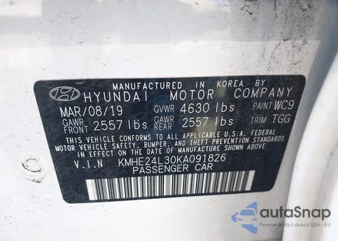 2019 Hyundai Sonata Hybrid Se z USA, uszkodzony, nr VIN KMHE24L30KA091826